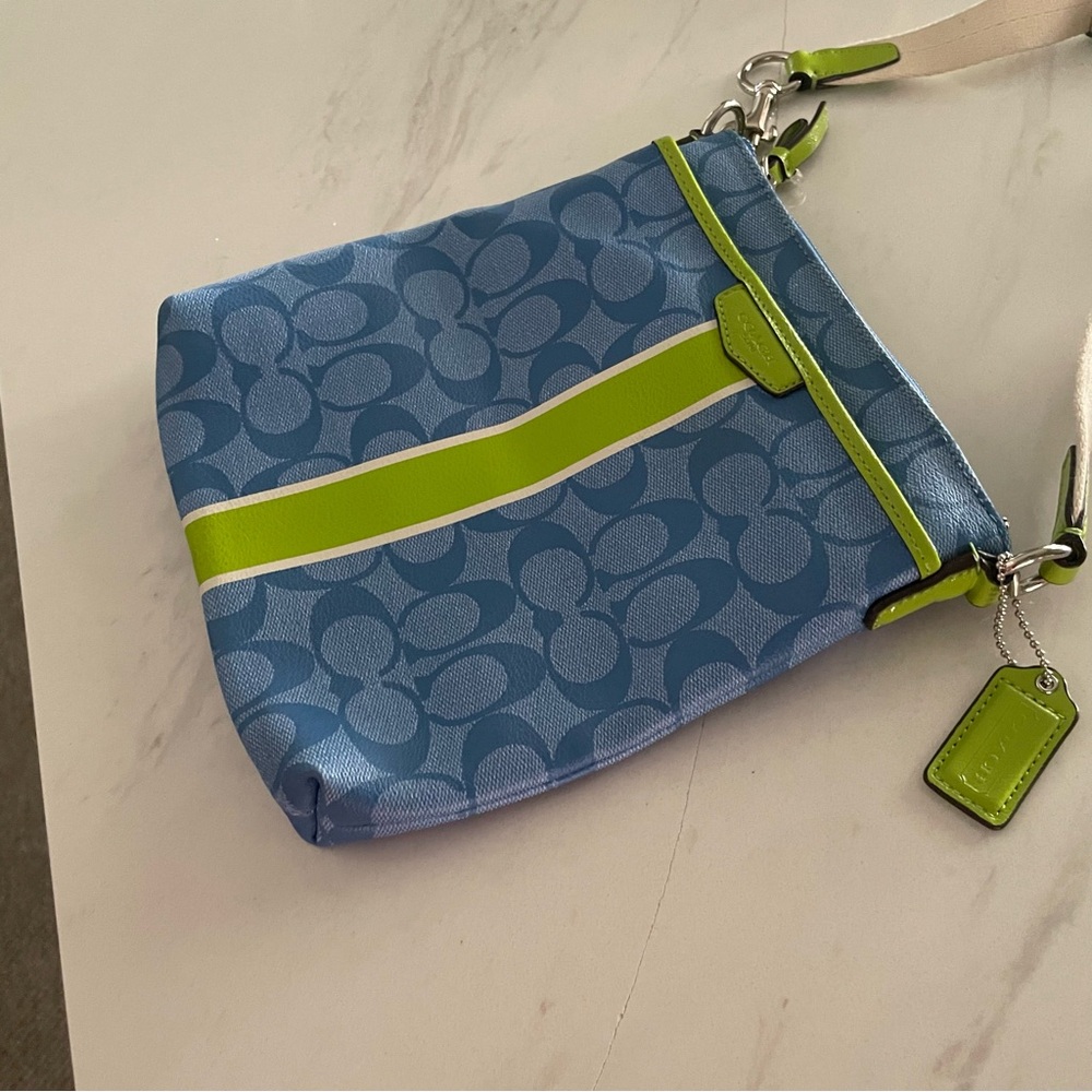 NWT Coach Signature Embossed PVC Shoulder Crossbody Bag Blue Green - Picture 4 of 14